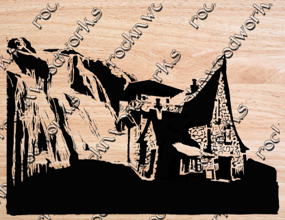 Scroll Saw pattern old house by the mountain